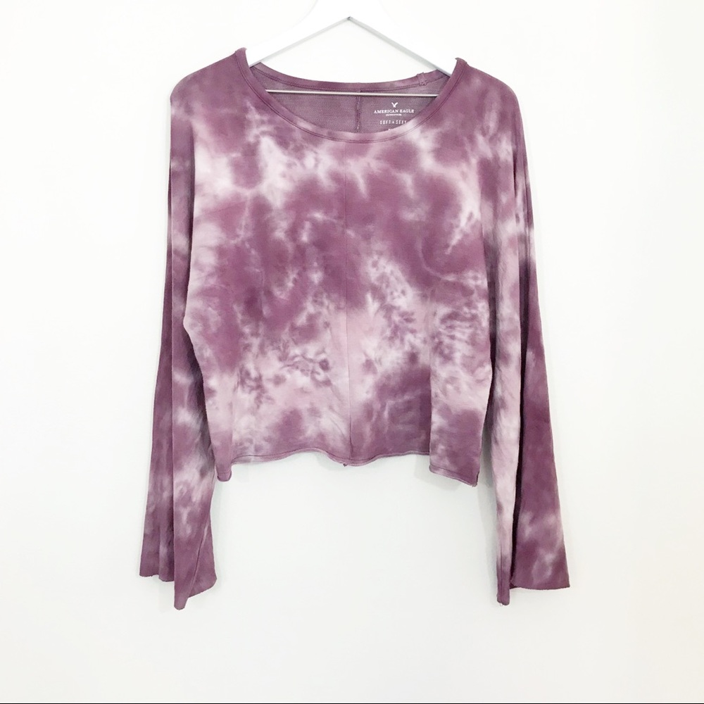 American Eagle Outfitters Long Sleeve Tie-Dye Tee in Mauve and White